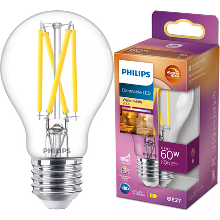E27 A60 LED Lampen 5,9 W = 60 W, 806 lm, 2700 warmes Filament PHILIPS, dimmbar