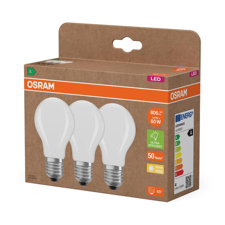 3x LED-Glühbirne A60 E27 3.8W = 60W 806lm 2700K Warm 300° Filament CLASSIC ENERGY EFFICIENCY Osram