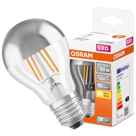 E27 A60 LED Lampe 6,5 W = 34 W, 650 lm, 2700 K, warm, OSRAM-Spiegelsilber