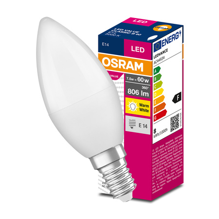 LED Leuchtmittel E14 B35 7W = 60W 806lm 3000K Warm 220° OSRAM VALUE