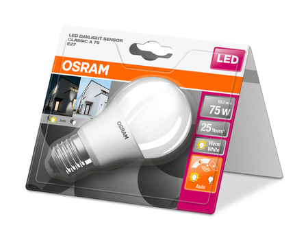 LED-Lampe A60 E27 10W = 75W 1055lm 2700K Warm 240° mit Dämmerungssensor Classic Osram