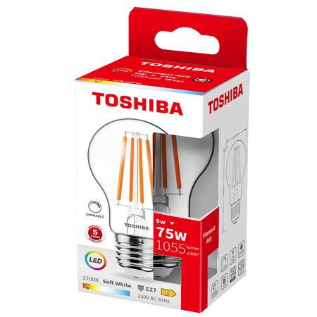 LED-Lampe E27 A60 9W = 75W 1055lm 2700K Warm Filament Dimmbar TOSHIBA