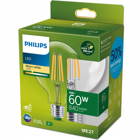 Globe E27 G95 LED Lampen 4W = 60W 840lm 2700K Warm Filament PHILIPS Ultra Efficient