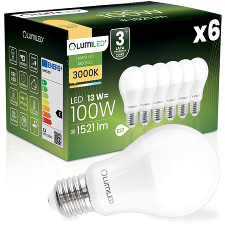 6x LED Lampen E27, Glühbirne A60 13W = 100W 1521lm 260° 3000K warm LUMILED