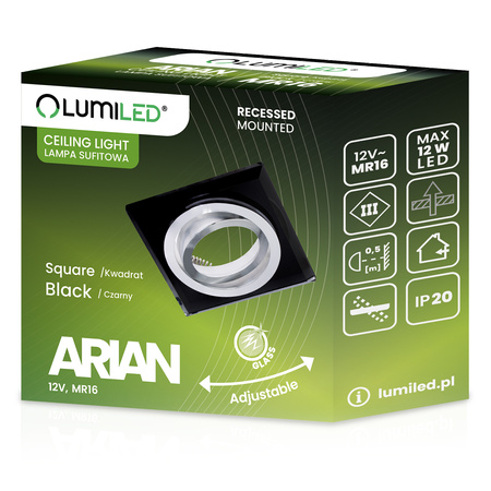 Glas-Einbaustrahler GU10, MR16 Einbauspot HALOGEN Quadrat beweglich Schwarz ARIAN LUMILED