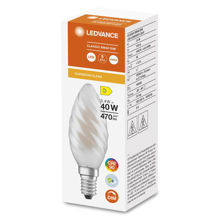 LED-Kerzenlampe E14 BW40 3,4W = 40W 470lm 4000K Neutral 300° CRI90 Filament milchig dimmbar LEDVANCE Superior