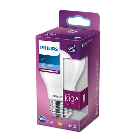 E27 A60 LED Lampen 10,5 W = 100 W, 1521 lm, 6500 K, kaltes Filament, milchig, PHILIPS