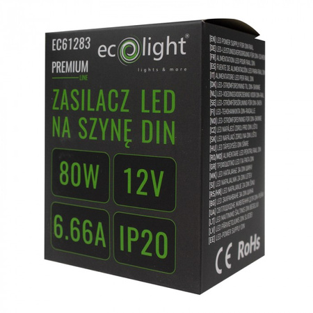 DIN-Schienen-Netzteil für LED-Streifen 80W 12V 6,66A IP20 PREMIUM Ecolight