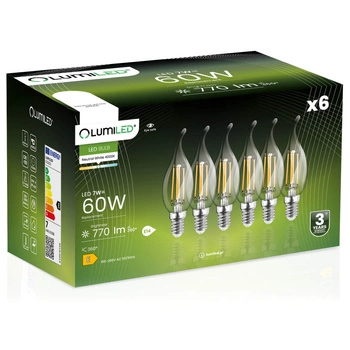 6x LED Lampen E14, Glühbirne Flame B35 7W = 60W 770lm 360° 4000K neutral Glühfaden LUMILED