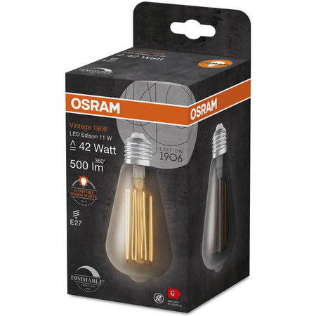 E27 ST64 LED Lampen 11W = 42W 500lm 1800K Warm 320° OSRAM Vintage 1906 Filament