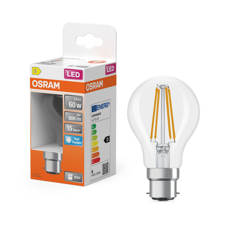 LED-Glühbirne A60 B22d 5.9W = 60W 806lm 6500K Kalt 300° Glühfaden STAR CLASSIC Osram