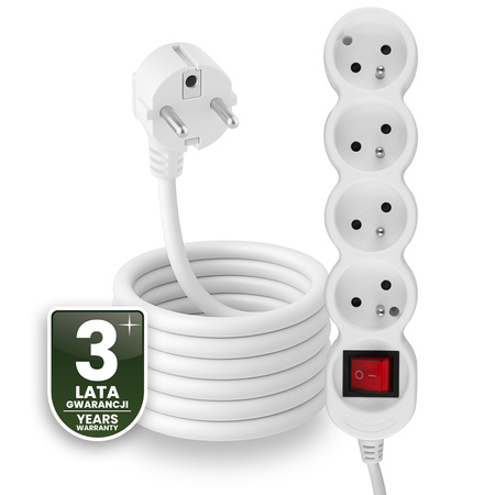 Netzverlängerungskabel geerdete Steckdosenleiste 4 Steckdosen 5m ON/OFF Schalter Weißes Kabel Lendo Lumiled