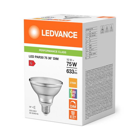 E27 PAR30 LED Lampe 10W = 75W 633lm 2700K Warm 36° DIM LEDVANCE