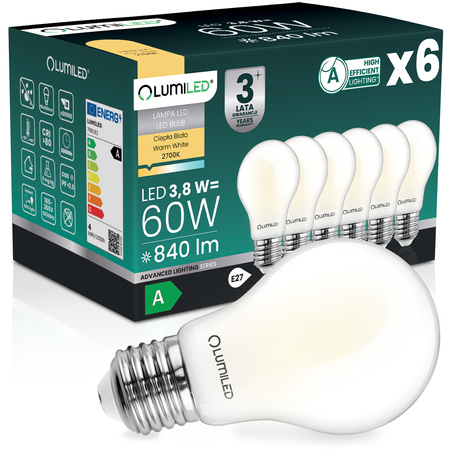 6x LED-Lampe E27 A60 3,8W 840lm = 60W 2700K warmweiß 360° Filament Energieklasse A LUMILED