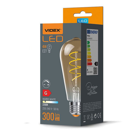 E27 ST64 LED Lampen 4 W = 28 W, 300 lm, 2200 K, warmer Bernsteinfaden, dimmbar, 360° VIDEX