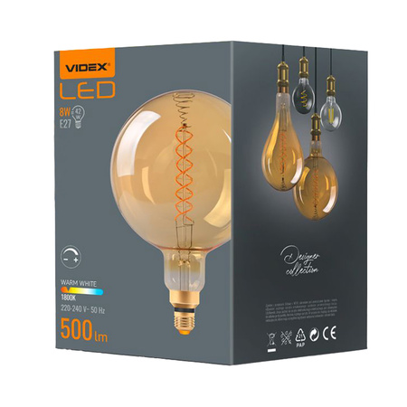 LED Lampen E27 G200 Sphere 8W = 42W 500lm 1800K Warm 360° FILAMENT Amber Dimmbar Videx