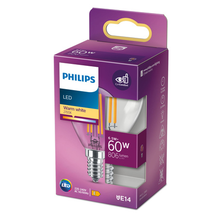 LED-Kugellampe E14 P45 6,5W = 60W 806lm 2700K warmes Filament PHILIPS