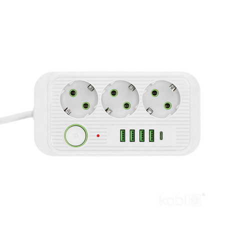 KOBI LINEA PRO Verlängerungskabel 3x230V 5m Masse, Schalter und 5xUSB Weiß