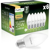 6x LED Lampen E27, Glühbirne B35 2.5W = 25W 249lm 180° 3000K warm LUMILED