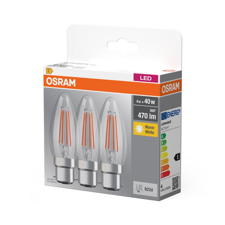 3x LED-Lampe B35 Kerze B22d 4W = 40W 470lm 2700K Warm 300° BASE Osram