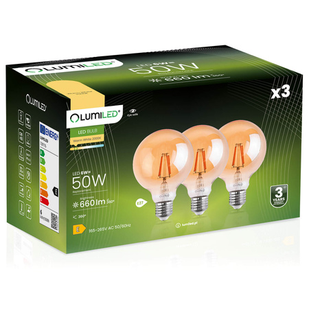 3x LED Lampen E27, Dekorative Glühbirne G95 6W = 50W 660lm 360° 2000K warm Glühfaden Amber LUMILED