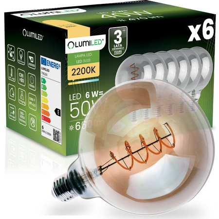 6x LED-Lampe E27 Globe G125 6W = 50W 660LM 2200K warmweiß 360° Smoke Filament LUMILED