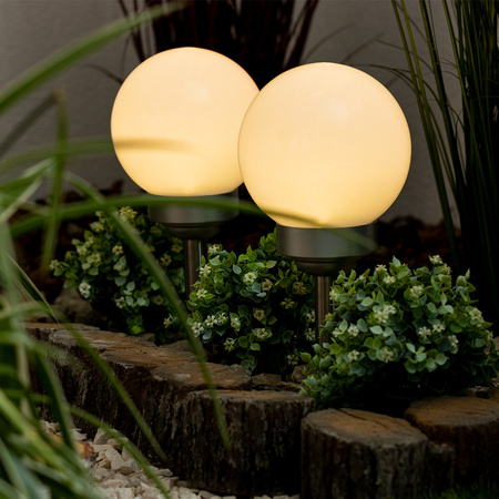 SOLAR-LED-Gartenlampe mit Nieten RGB-Bodenkugel 30cm Weiß + VOLTENO-Fernbedienung