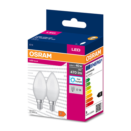 2x LED Lampe E14 B35 4,9W = 40W 470lm 6500K Kalt 220° OSRAM VALUE