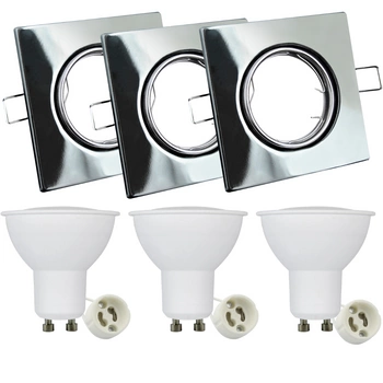 Set aus 3x beweglicher Halogenlampe GOLDLUX (Polux), quadratisch, Chrom + GU10 3,5W LED Lampen