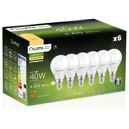 6x LED Lampen E14, Glühbirne P45 Kugeln 5W = 40W 470lm 180° 3000K warm LUMILED