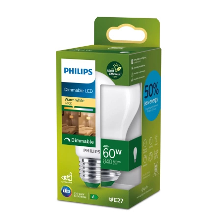 LED-Lampe E27 A60 4W = 60W 840lm 210lm/W 2700K Warm 300° Dimmbar CLASS A UltraEfficient Philips