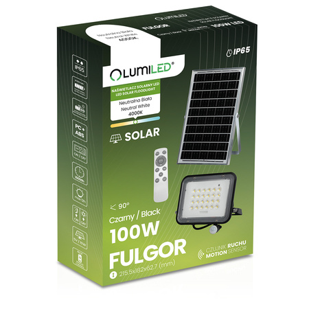 Solar LED Halogenstrahler 100W Gartenlampe 4000K IP65 PIR Bewegungsmelder + Fernbedienung FULGOR LUMILED