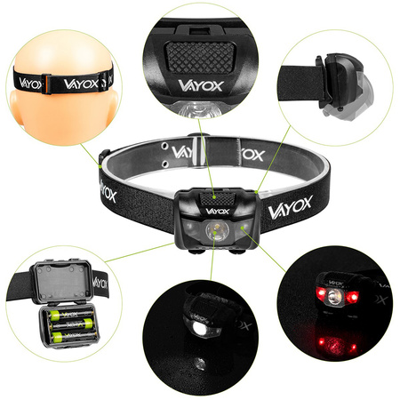 Wiederaufladbare Kopftaschenlampe 100lm LED + 2x LED VA0178 VAYOX