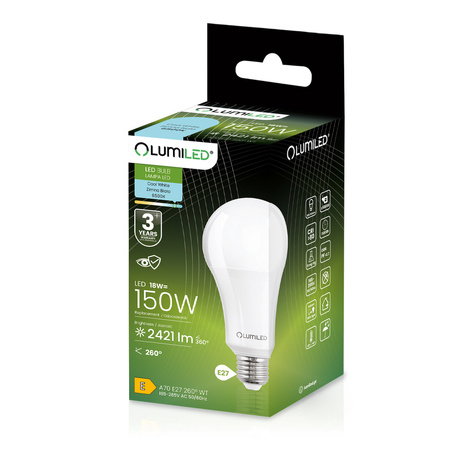 LED Lampen E27, Glühbirne A70 18W = 150W 2421lm 260° 6500K kalt LUMILED