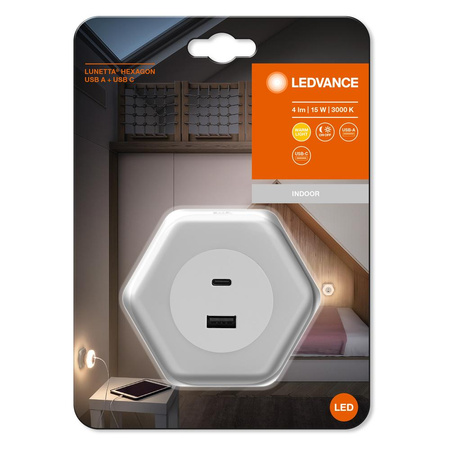 LED-Nachtlicht mit USB-A USB-C-Stecker zu Buchse 15W 4lm 3000K Warm mit Dämmerungssensor Weiß Lunetta Ledvance