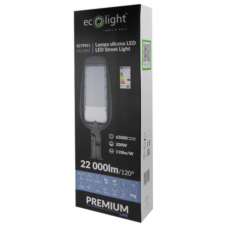 LED-Straßenleuchte 200W 22000lm 6500K Kalt IP65 110lm/W PREMIUM Ecolight