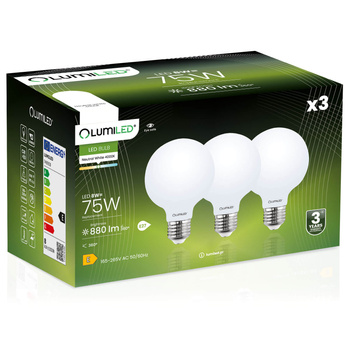 Set mit 3x E27 G95 LED Lampen 8W = 75W 4000K Neutral Globe Milky Filament LUMILED