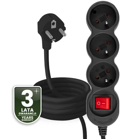 Netzverlängerungskabel Geerdete Steckdosenleiste 3 Steckdosen 3m ON/OFF Schalter Schwarz Lendo Lumiled Cord