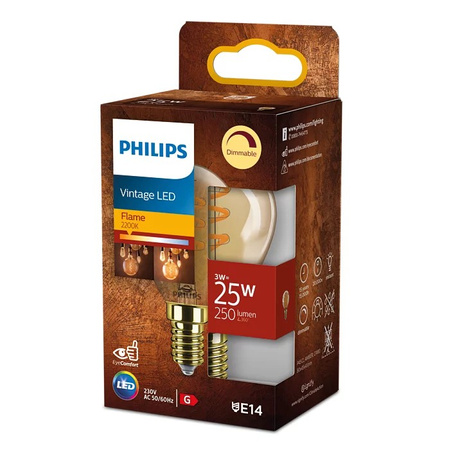 LED-Kugellampe E14 P45 3W = 25W 250lm 2200K warmes Glühfaden-Bernstein PHILIPS Dimmbar