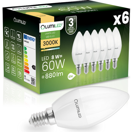 6x LED-Lampe E14 Kerze B35 8W = 60W 880lm 3000K warmweiß 180° LUMILED