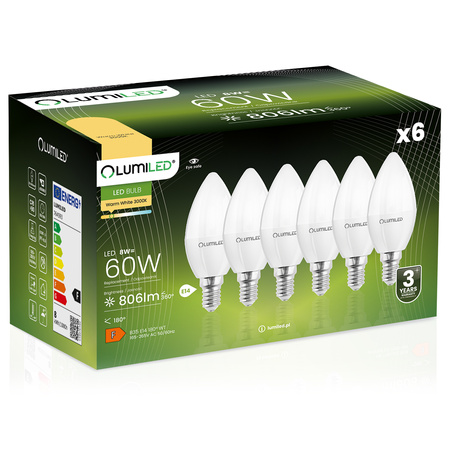 6x LED Lampen E14, Kerzenform Lampe B35 8W = 60W 806lm 180° 3000K warm LUMILED