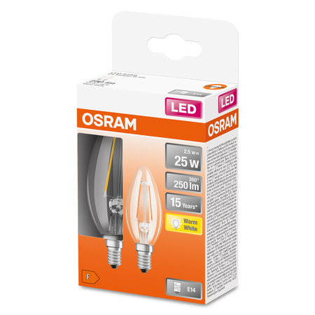 2x LED Birne B35 Kerze E14 2.5W = 25W 250lm 2700K Warm 300° Retrofit Glühfaden CLASSIC Osram