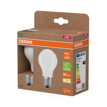 2x LED-Glühbirne A60 E27 3.8W = 60W 806lm 2700K Warm 300° Filament CLASSIC ENERGY EFFICIENCY Osram