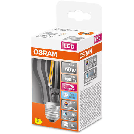 LED-Lampe E27 A60 5.8W = 60W 806lm 4000K Neutral 300° CRI90 Glühfaden Dimmbar OSRAM SUPER STAR+