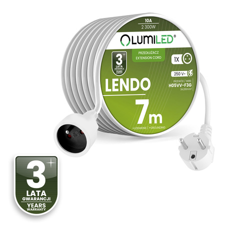 Netzverlängerungskabel Geerdete Steckdosenleiste 1 Steckdose 7m Weißes Kabel Lendo Lumiled