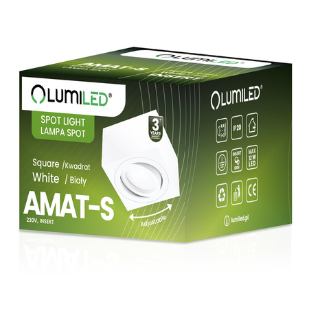 Halogen-Aufbauleuchte GU10, Aufbauspot 50mm beweglich Quadrat Weiß+LED-Einsatz 7W 6500K AMAT-S LUMILED