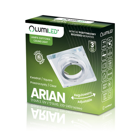 Glas-Einbaustrahler GU10, MR16 Einbauspot HALOGEN Quadrat beweglich ARIAN LUMILED