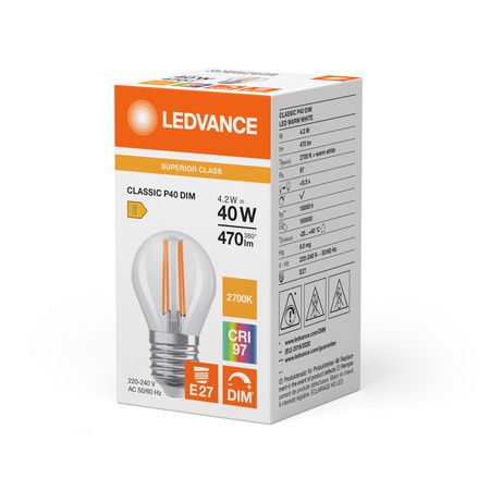 LED Lampen P45 E27 4.2W = 40W 470lm 2700K Warmweiß FILAMENT DIMMABLE LEDVANCE