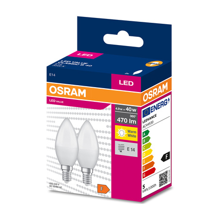 2x LED Lampe E14 B35 4,9W = 40W 470lm 3000K Wärme 220° OSRAM VALUE