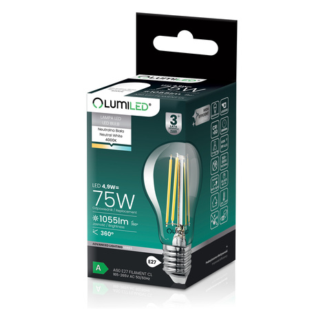 6x LED-Lampe E27 A60 4,9W 1055lm = 75W 4000K neutralweiß 360° Filament Energieklasse A LUMILED